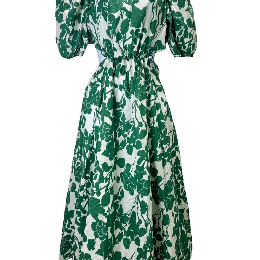 Boho Floral Puff Sleeve Cut Out Dress Tie Back A Line Midi Dresses No Size Tag - Picture 4 of 12